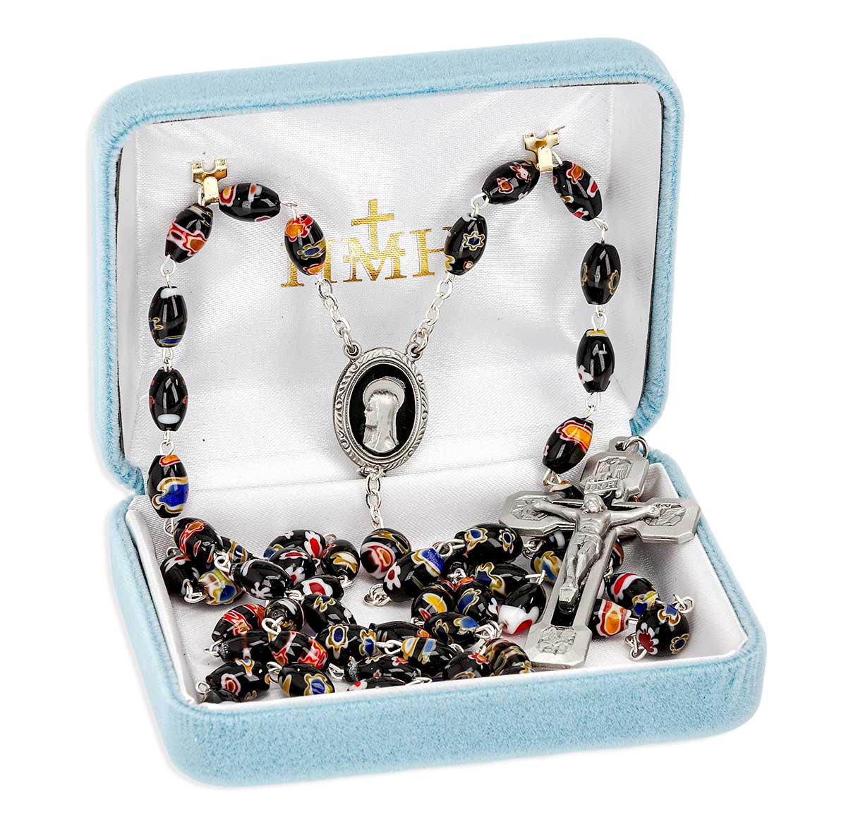 Venetian Glass Black & Multicolored Bead Rosary W/ Pewter Ctr & Pewter Epoxy Cricifix