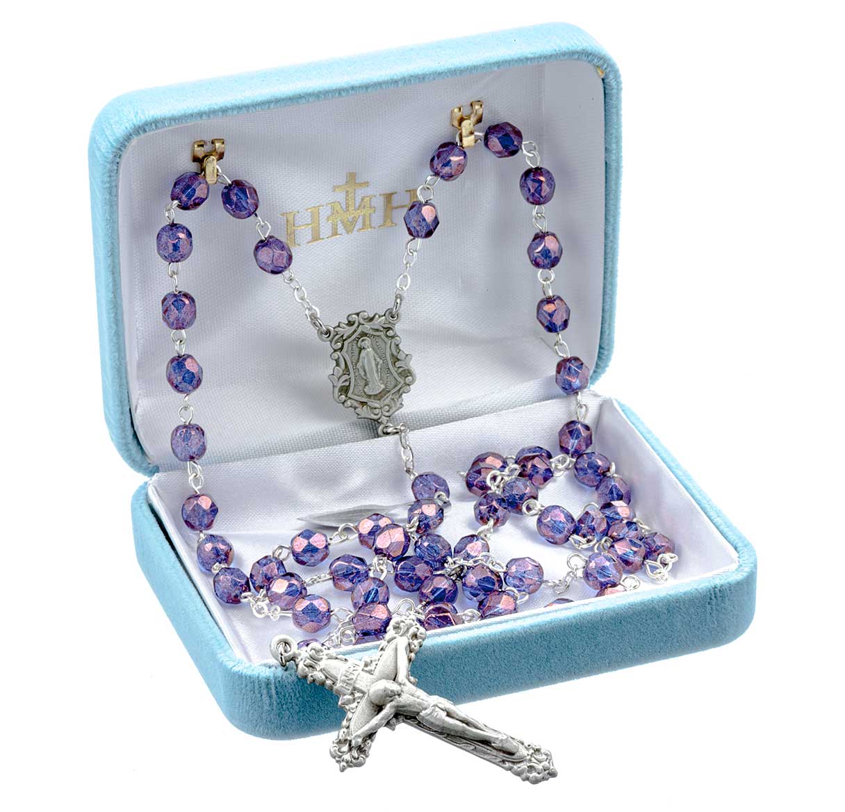 6mm Amethyst Faceted Czech Beaded Rosary  w/Genuine Pewter Crucifix and Center-20" (121/54)-Bxd