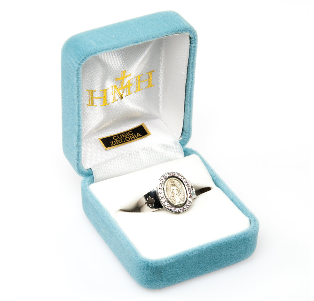 Sterling Silver Miraculous Medal Pink Cubic Zirconia Ring Size 5