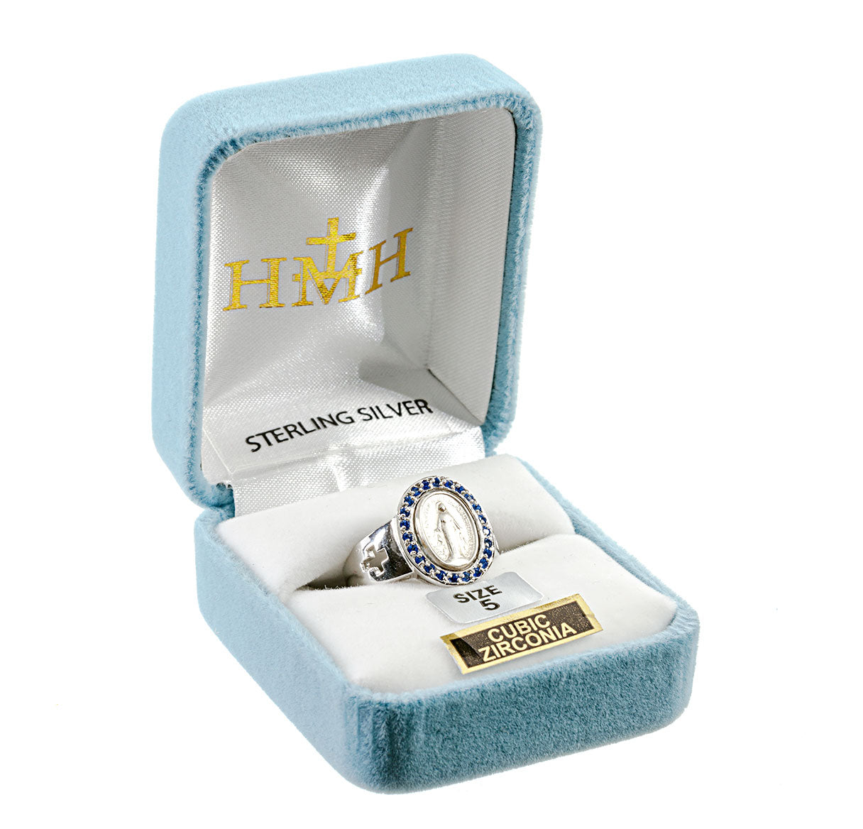 Sterling Silver Miraculous Medal Sapphire Cubic Zirconia Ring Size 8