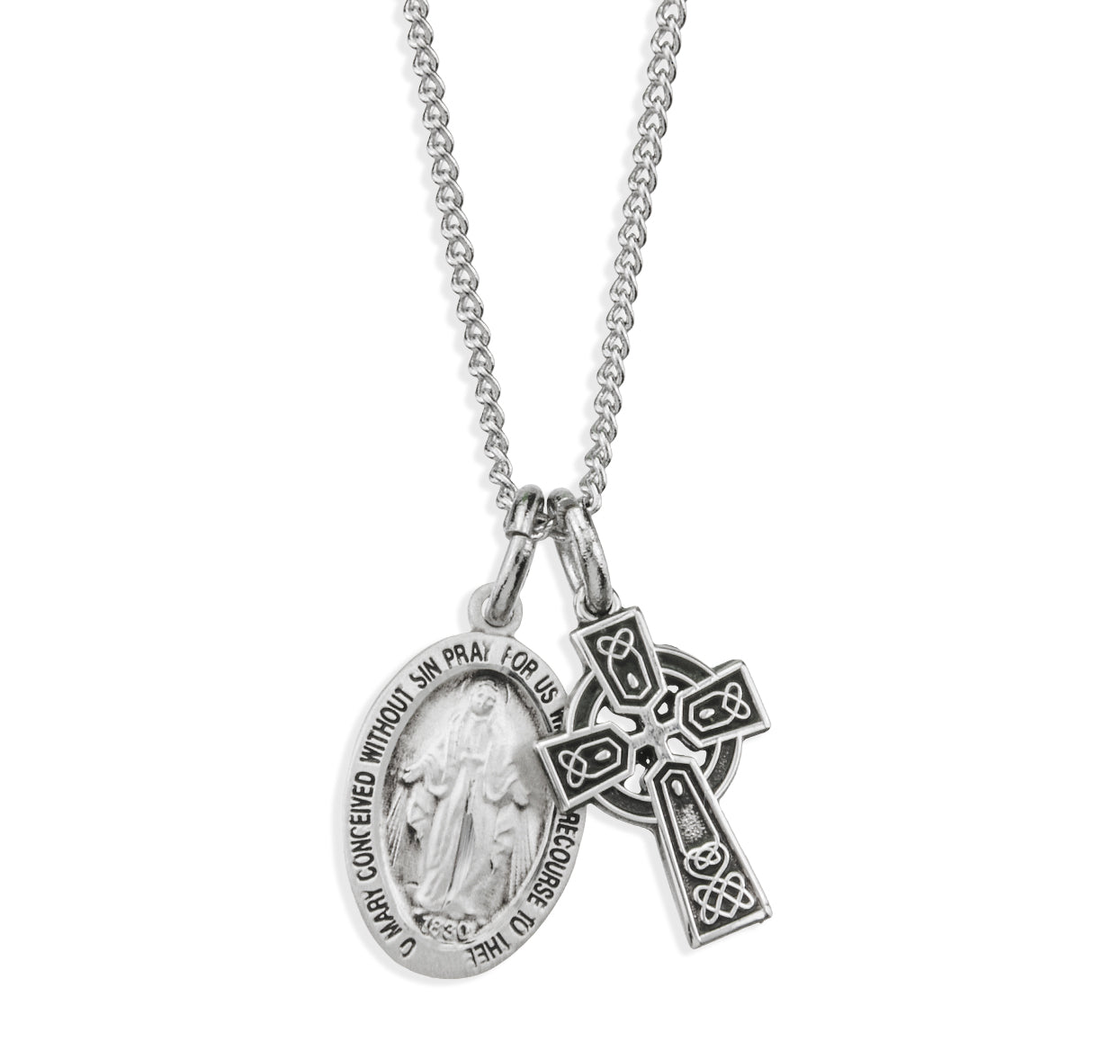 Sterling Silver Miraculous Medal W/ Tiny Celtic Cross(Set)-18"Ch (Rhodium Plated Thin )-Bxd-(S1114/S1788)