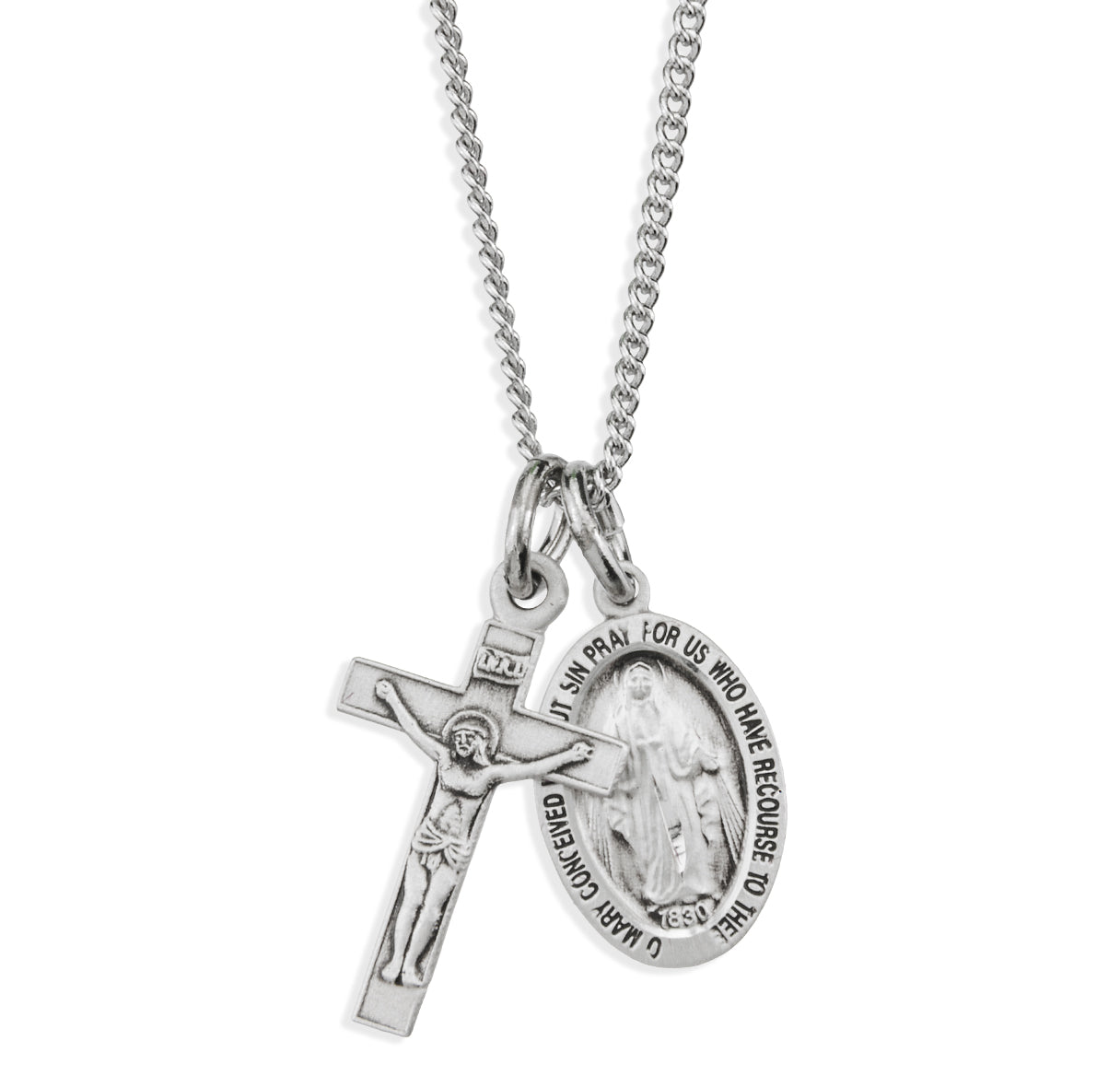 Sterling Silver Miraculous Medal W/ Small Crucifix (Set)-18"Ch (Rhodium Plated Thin )-Bxd-(S1114/S1802)