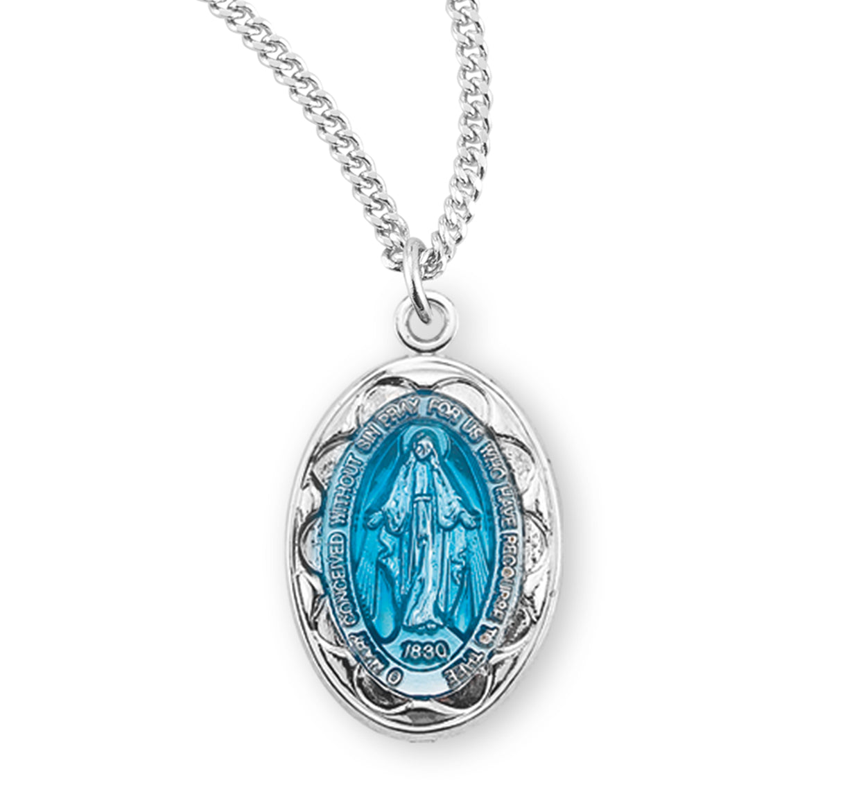Sterling Silver Oval Blue Epoxy Miraculous Medal