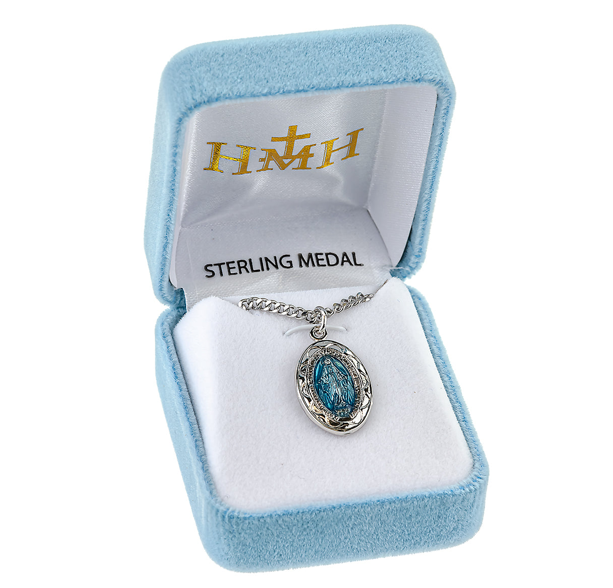 Sterling Silver Oval Blue Epoxy Miraculous Medal
