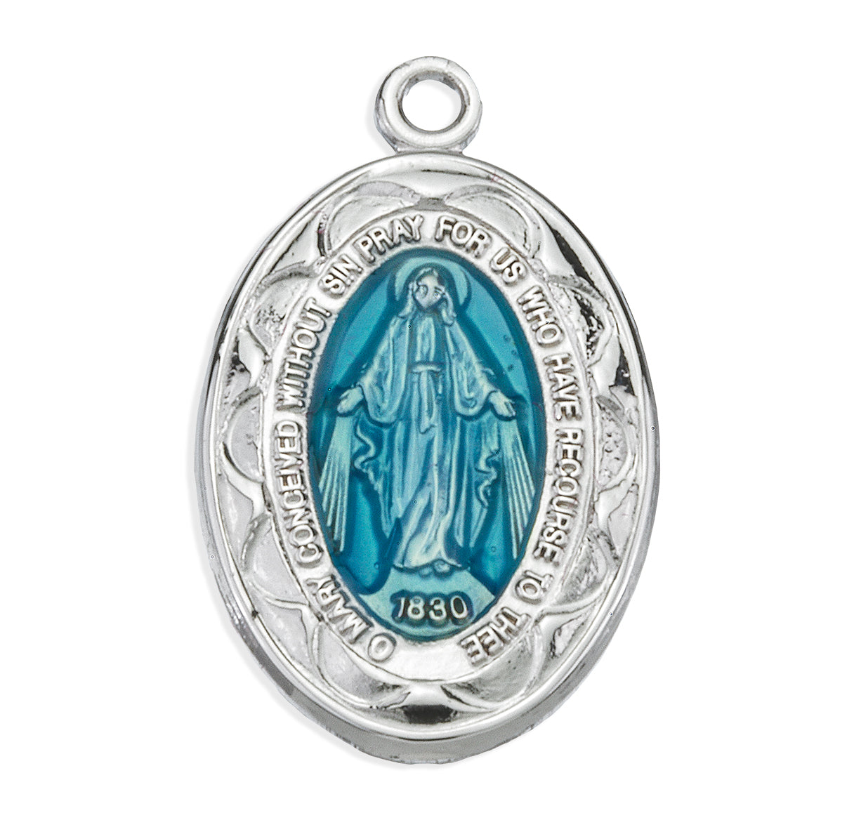 Sterling Silver Oval Blue Epoxy Miraculous Medal