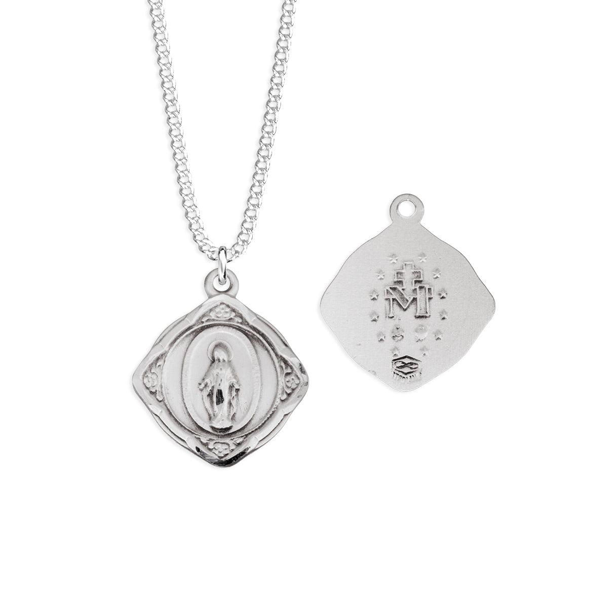 Sterling MIraculous Medal with Flowered Four Edges-18'Ch-Bxd