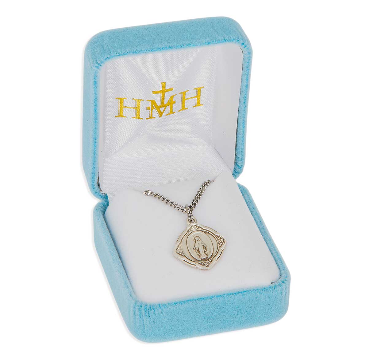 Sterling MIraculous Medal with Flowered Four Edges-18'Ch-Bxd