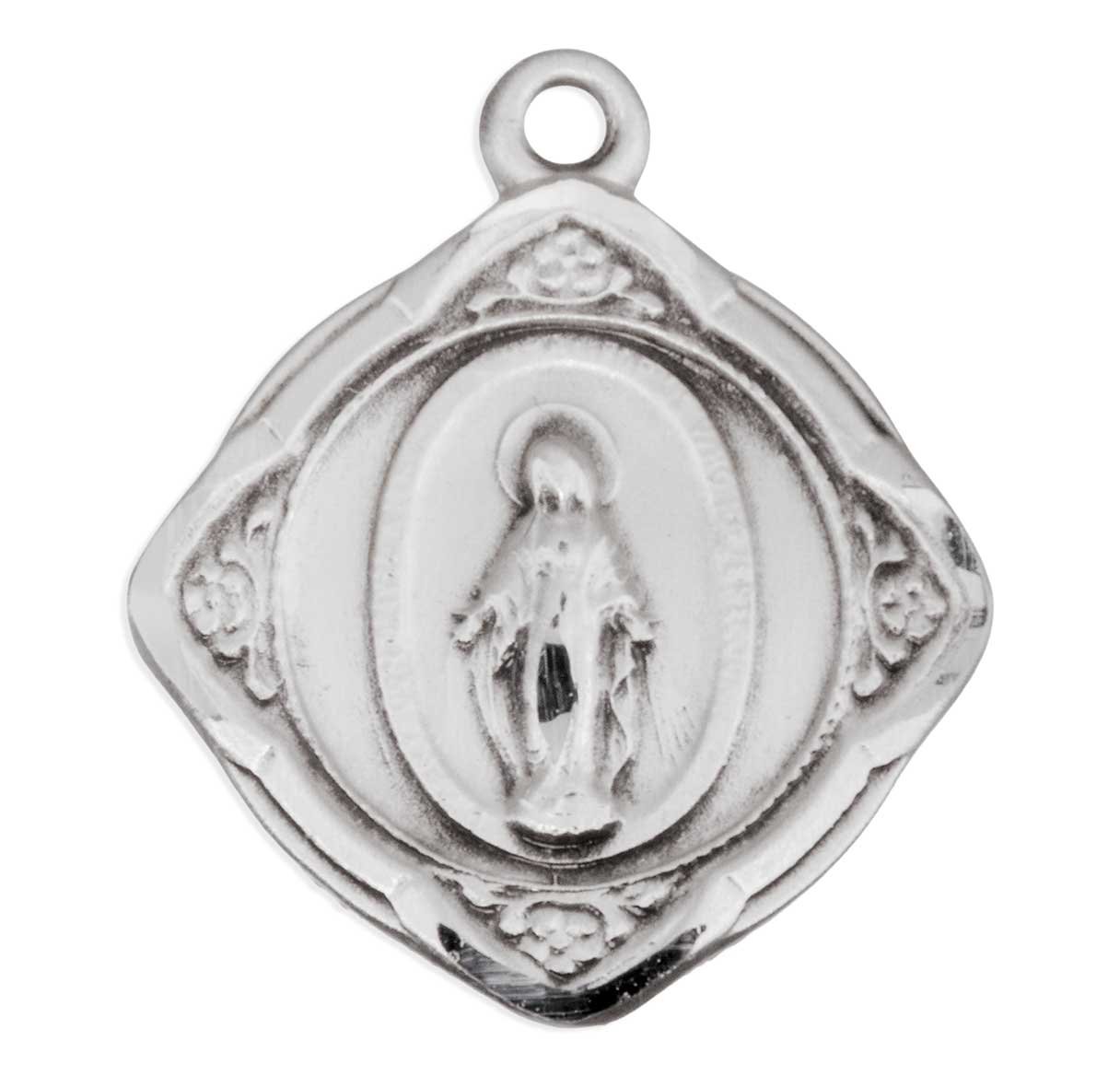 Sterling MIraculous Medal with Flowered Four Edges-18'Ch-Bxd
