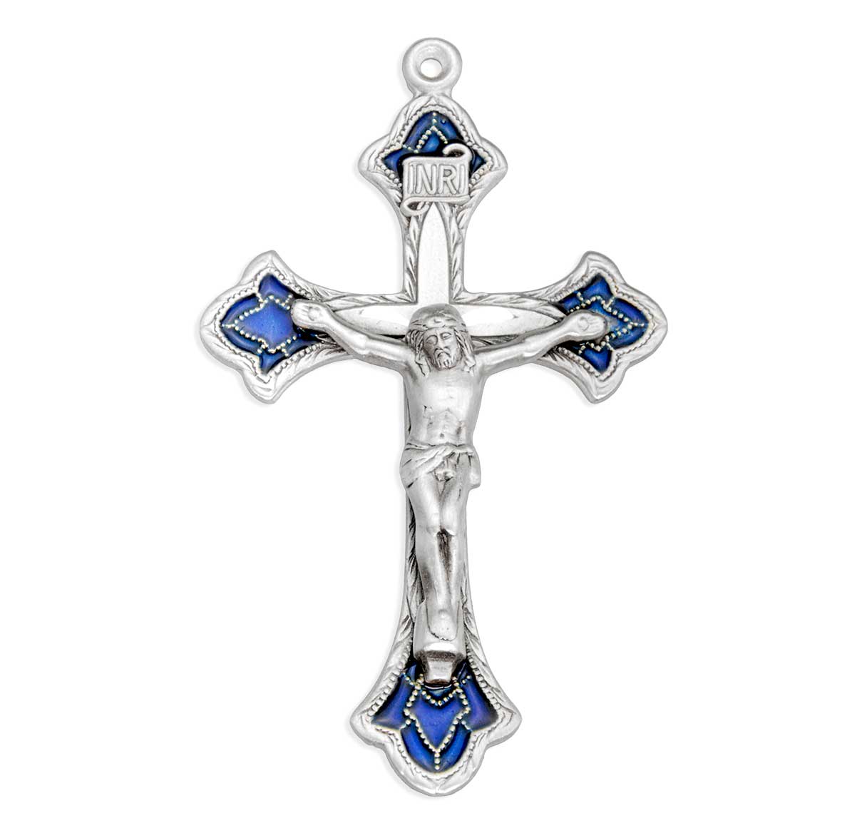 Sterling Silver Flared Crucifix W/ Blue Epoxy Over Fine Engraved Detail-24'Ch-Bxd