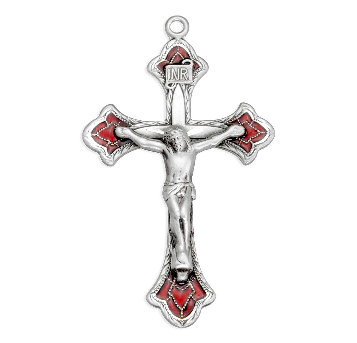 Sterling Silver Flared Crucifix W/ Ruby Red Epoxy Over Fine Engraved Detail-24'Ch-Bxd