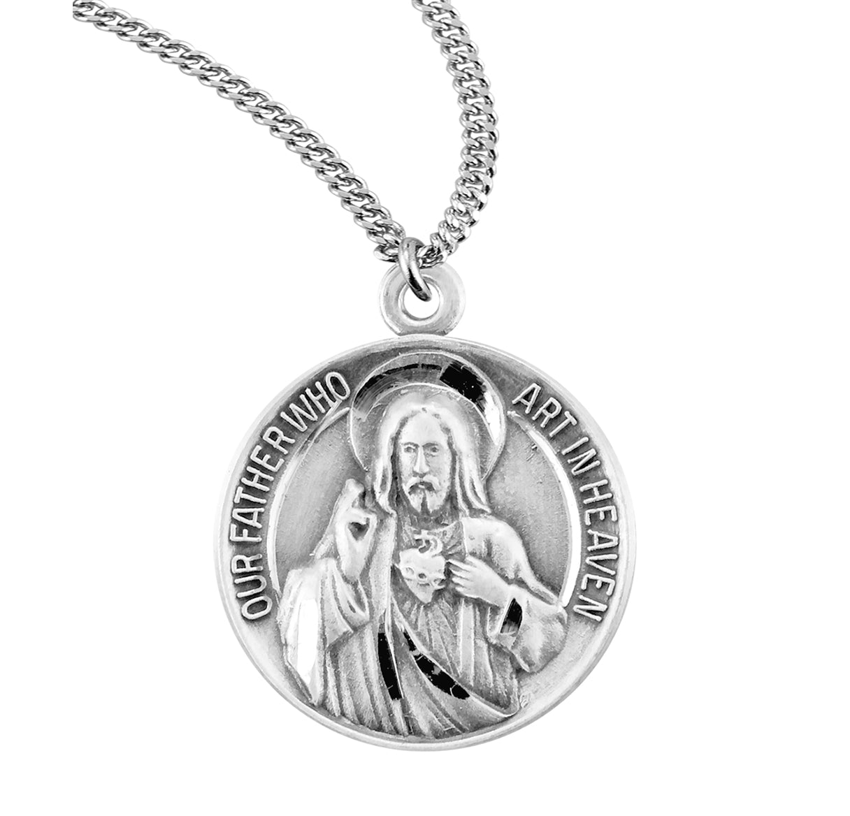 Sterling Silver Rd Sacred Heart w/Miraculous Back 20" Ch-Bxd