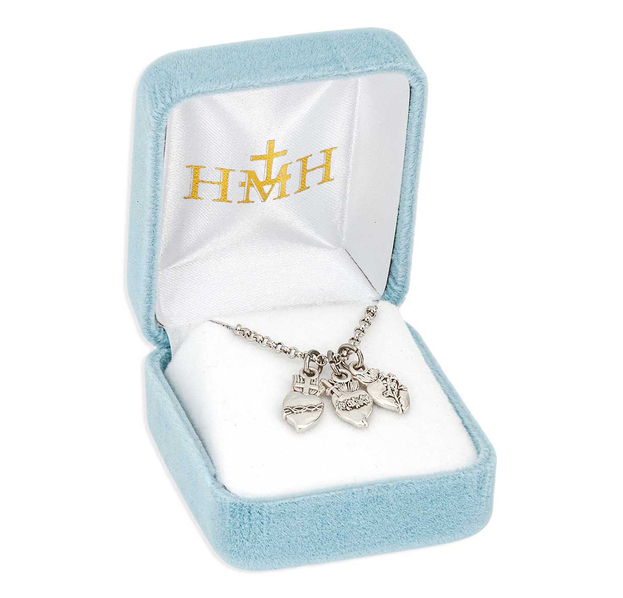 Sterling Silver J.M.J Three Hearts Necklace 9/16" W/ ROLO Chain-18"