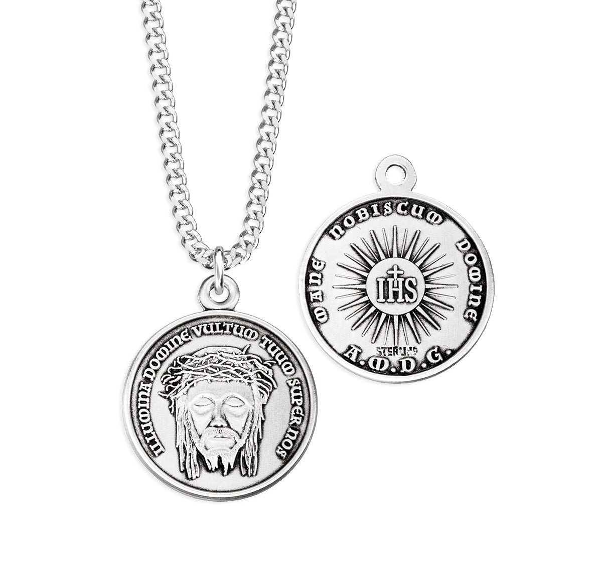 Sterling Silver Christ Holy Face Medal W/ Latin Text-20"