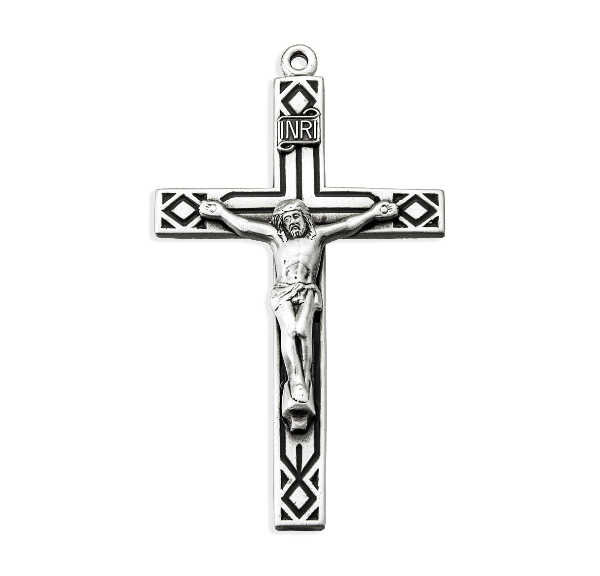 Sterling Silver Crucifix W/ Black Epoxy Linear And Angle Engravings-24"Ch-Bxd