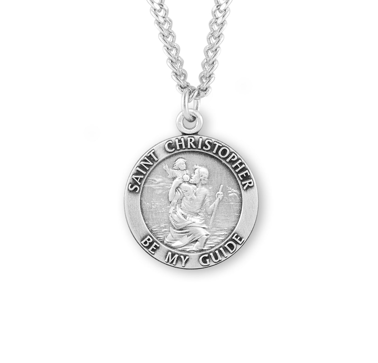 Sterling Silver St. Christopher Carrying Infant Jesus Round Medal- 24" Ch-Bxd
