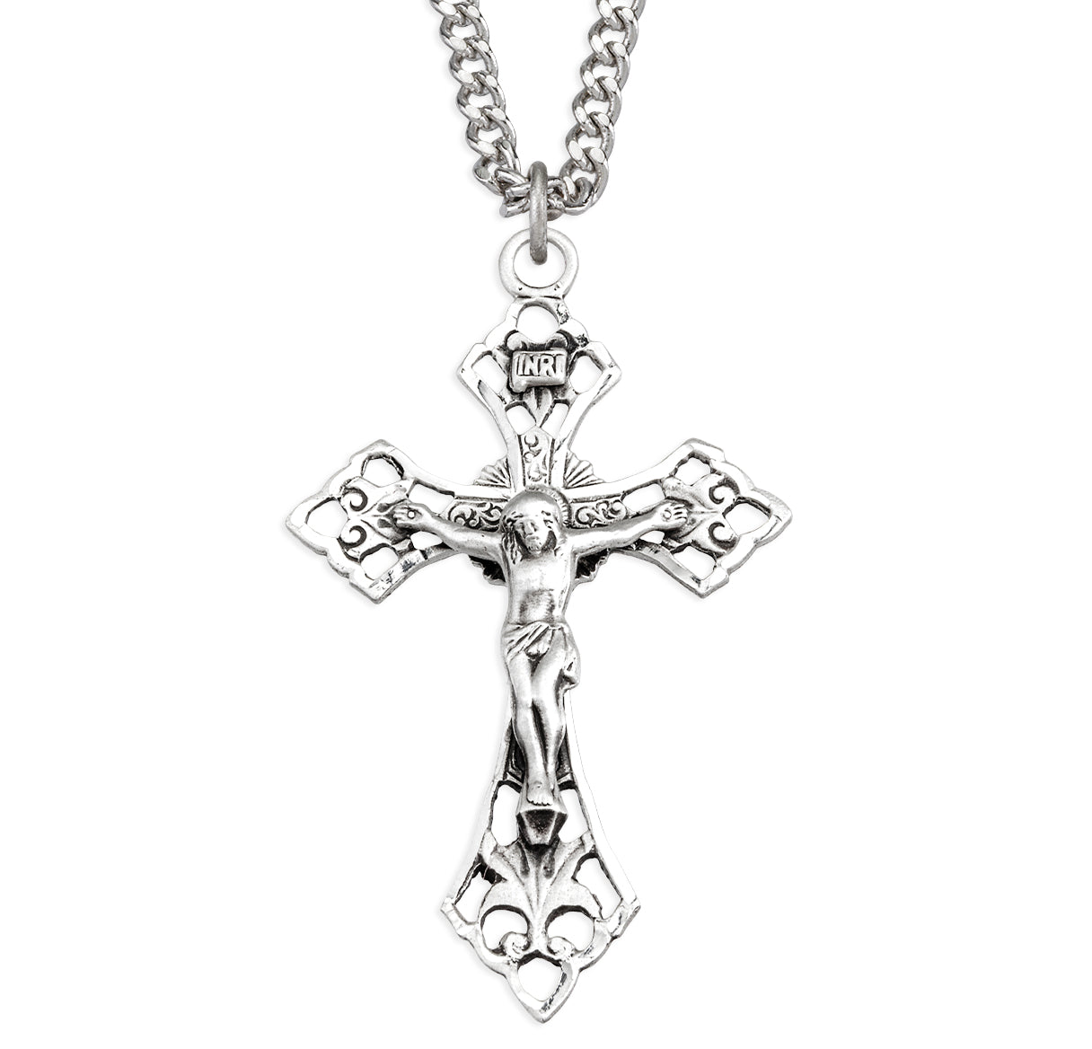 Sterling Silver 1-3/4" Pierced Crucifix W/ Angle Tips-24" Ch-Bxd