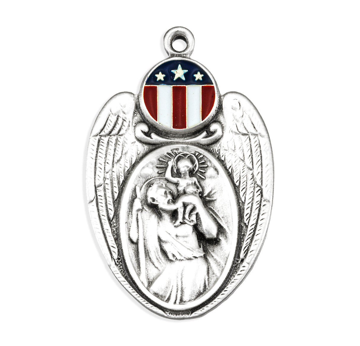 Sterling Silver St. Christopher Medal W/ American Flag Seal & Wings-24" Ch-Bxd