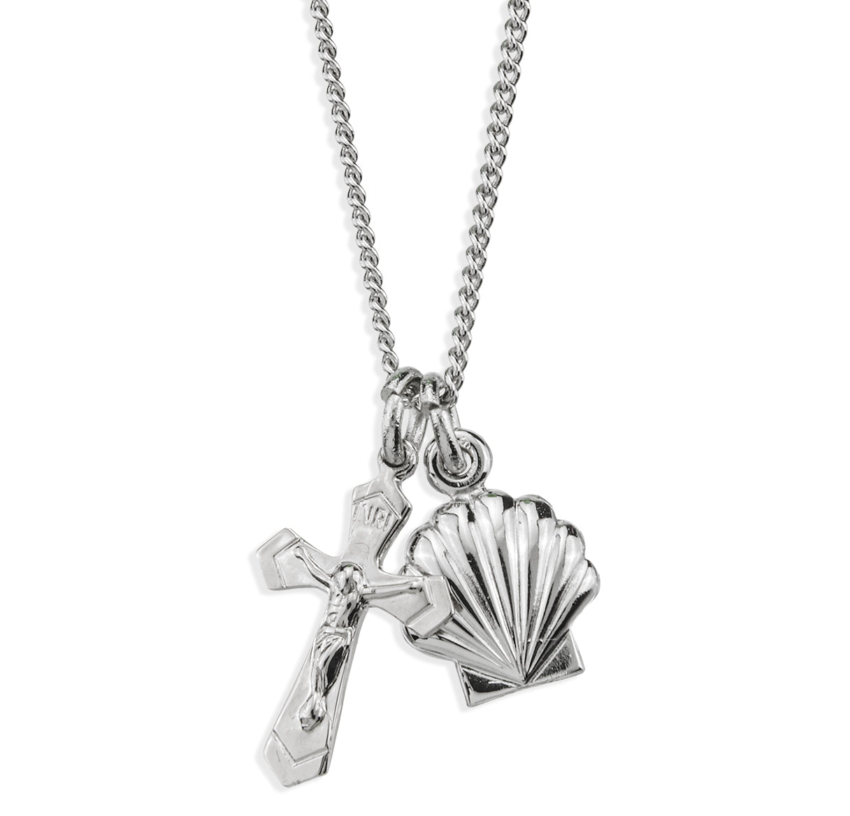 Sterling Silver Baptismal Medal w/ Small Crucifix (Set)-18"Ch (Rhodium Plated Thin)
