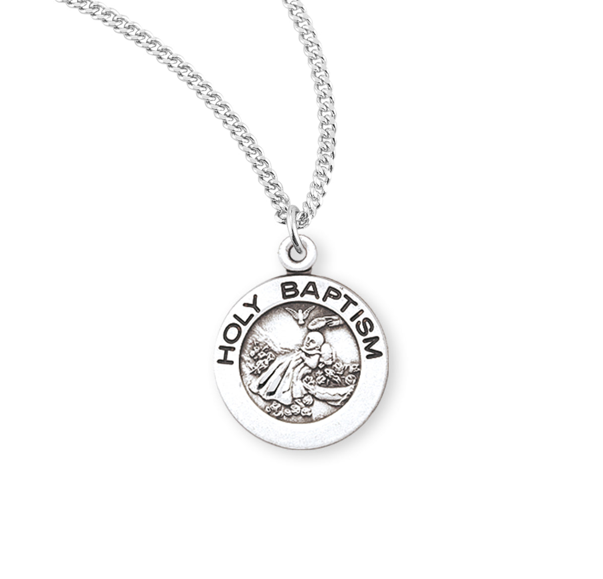 Sterling Silver Round Holy Baptism Medal on a 13"