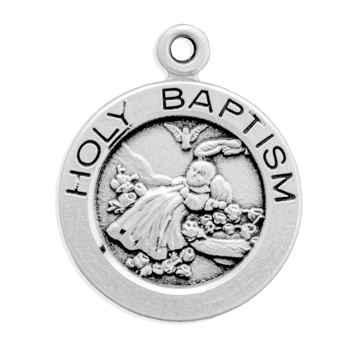 Sterling Silver Round Holy Baptism Medal on a 13"