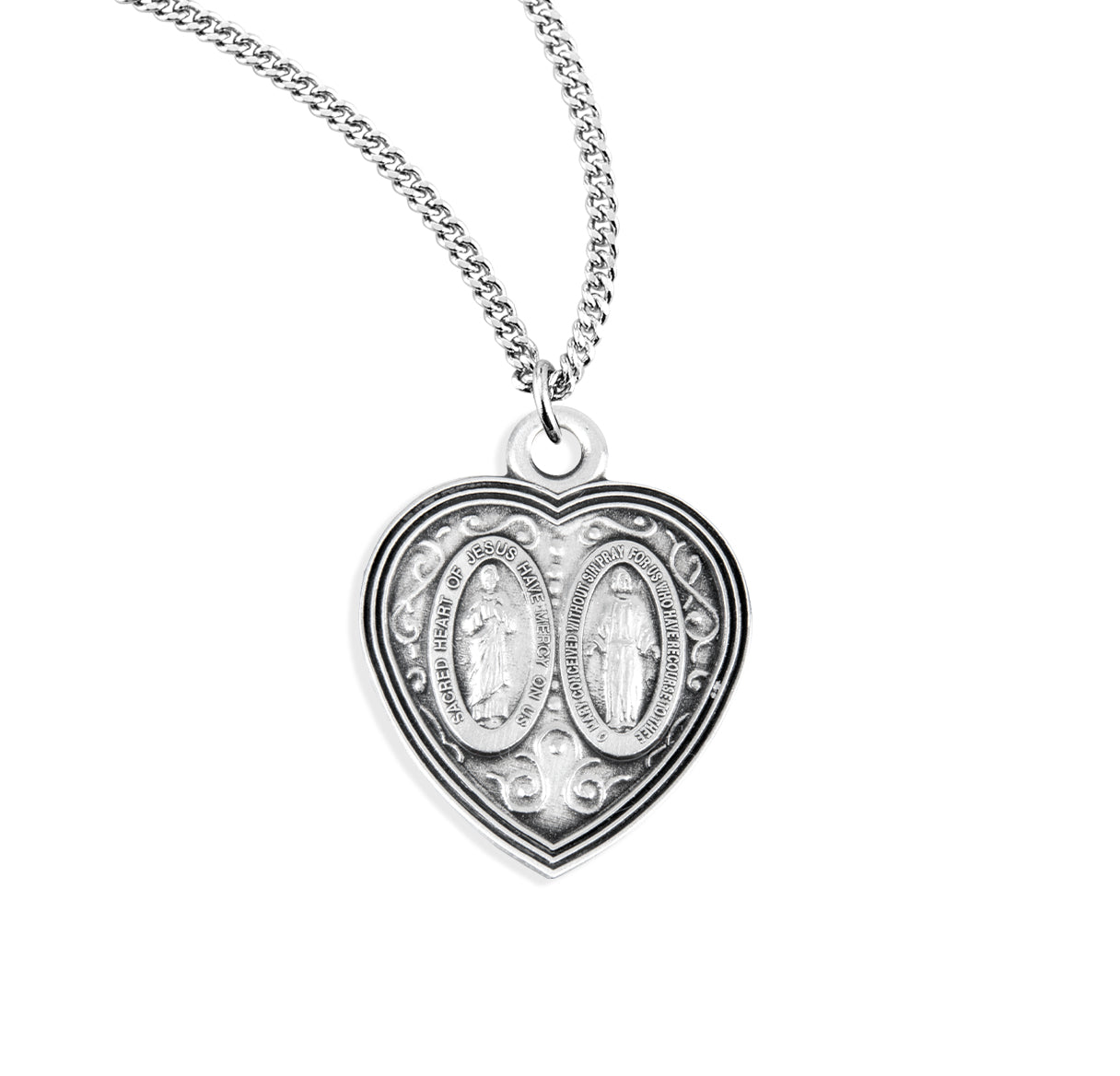 Sterling Silver Heart Miraculous and Scapular Combination Medal on 18"Ch-Bxd