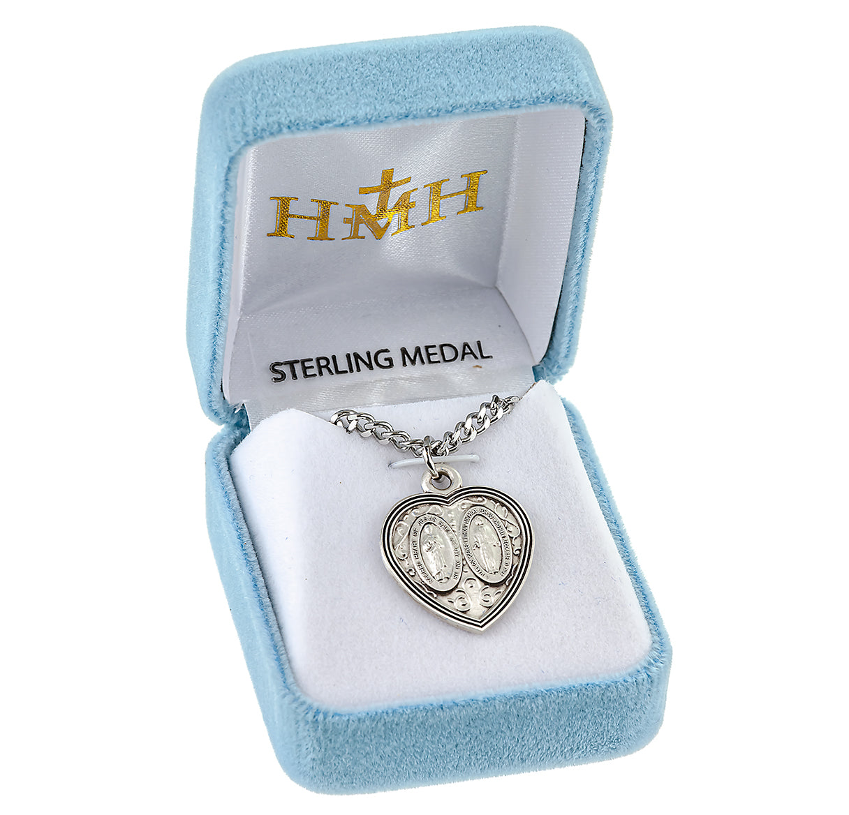 Sterling Silver Heart Miraculous and Scapular Combination Medal on 18"Ch-Bxd