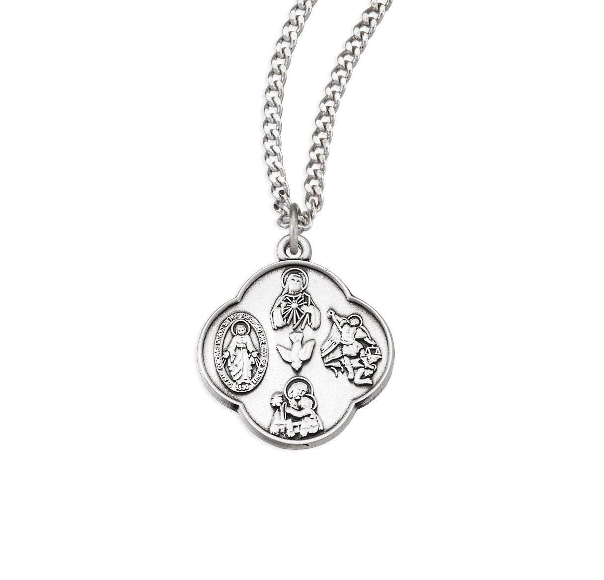 Sterling Silver Four Way Saint Clover Cross Medal -18" Ch-Bxd