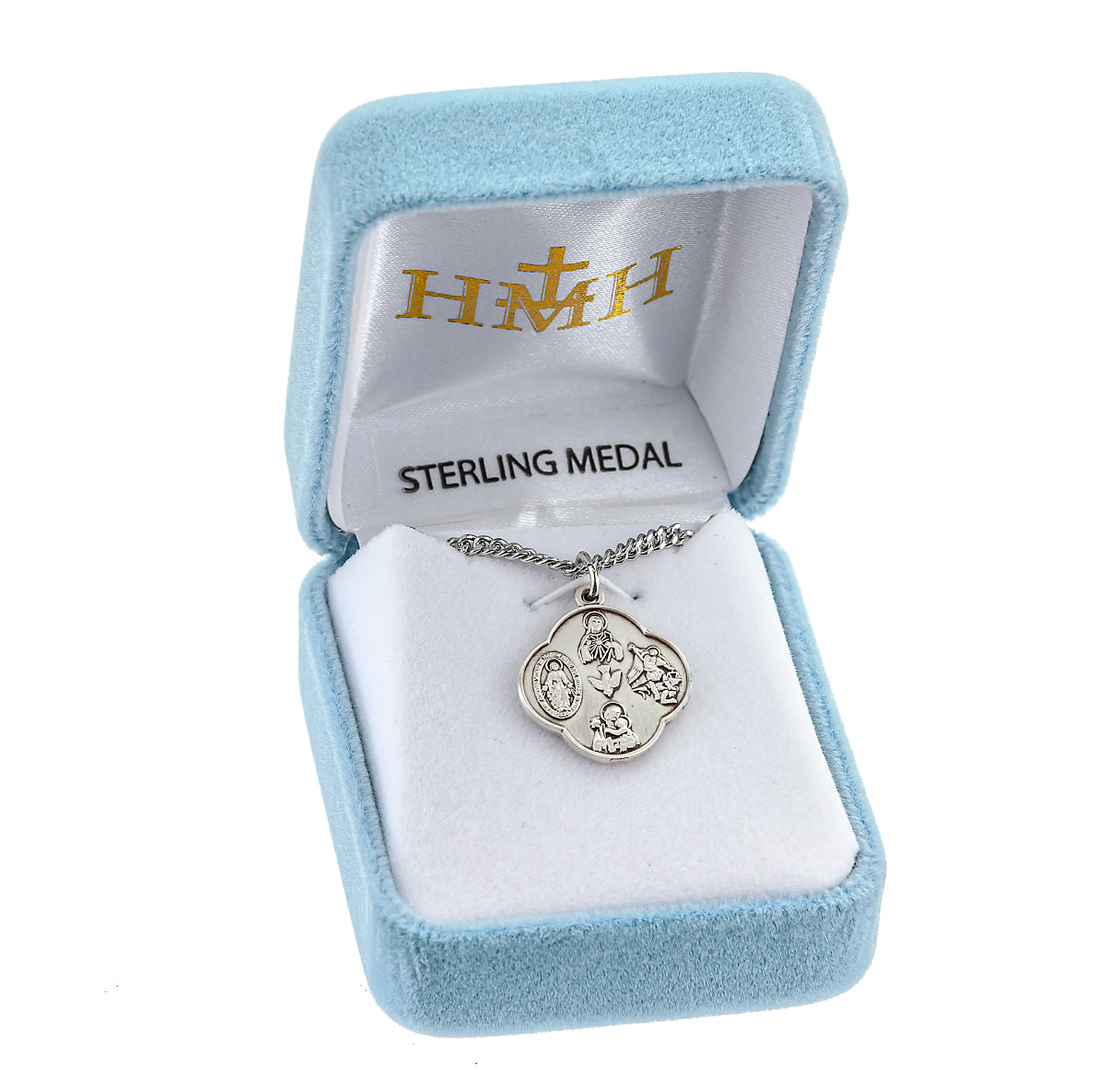 Sterling Silver Four Way Saint Clover Cross Medal -18" Ch-Bxd