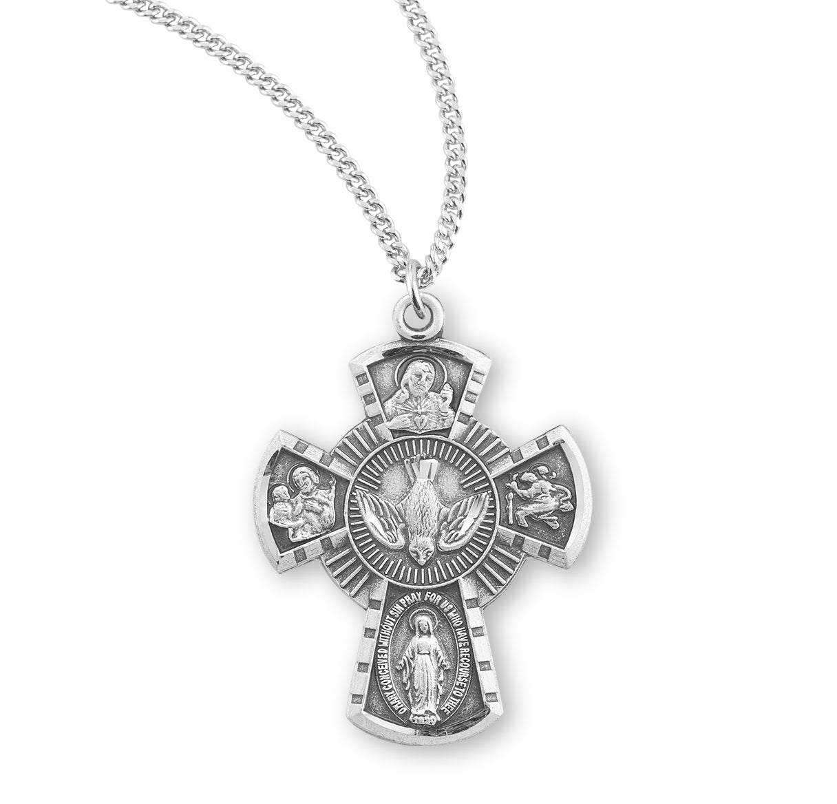Sterling Silver Small 4-Way W/ Holy Spirit- 24" Ch-Bxd