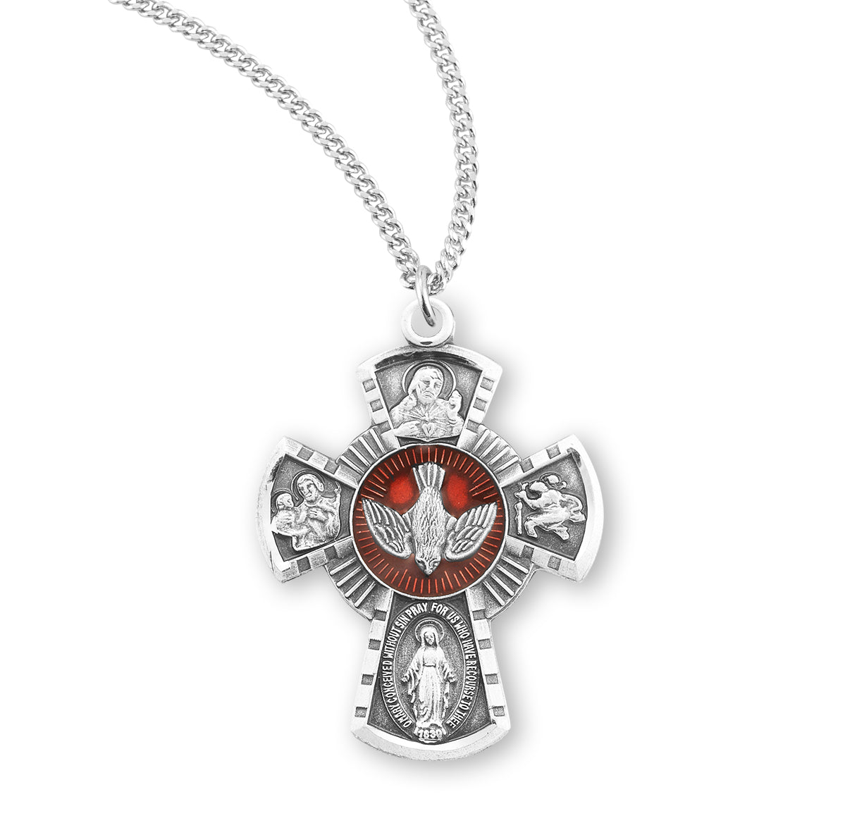Sterling Silver Small 4-Way W/ Red Holy Spirit- 24" Ch-Bxd