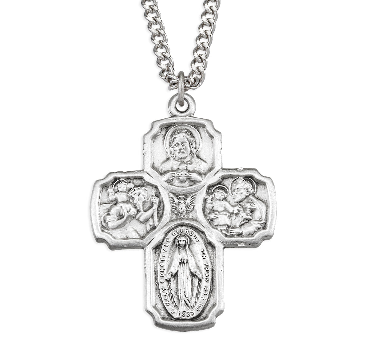 Sterling Silver Four Way Cross Medal-24"Stainless Ch-Bxd