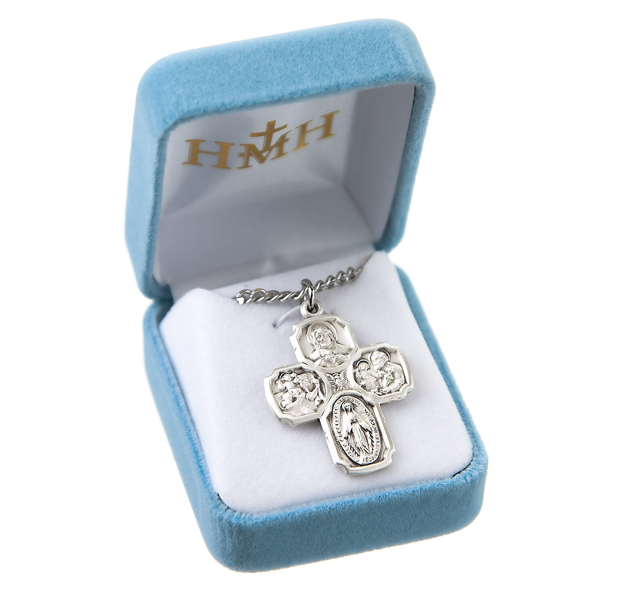 Sterling Silver Four Way Cross Medal-24"Stainless Ch-Bxd