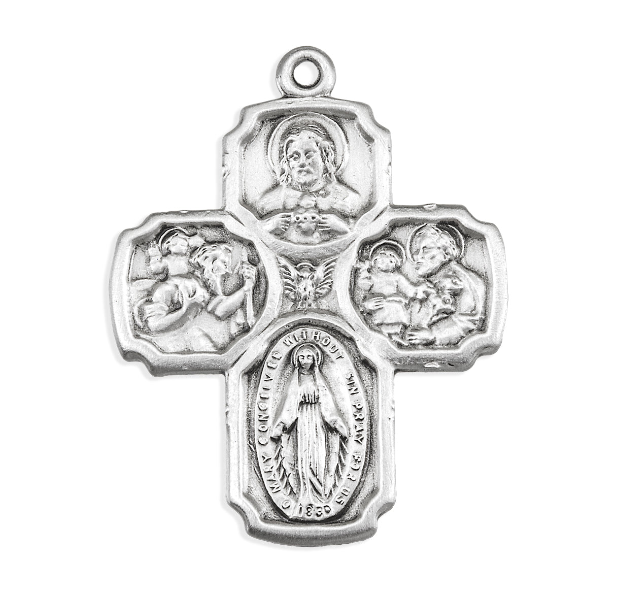 Sterling Silver Four Way Cross Medal-24"Stainless Ch-Bxd