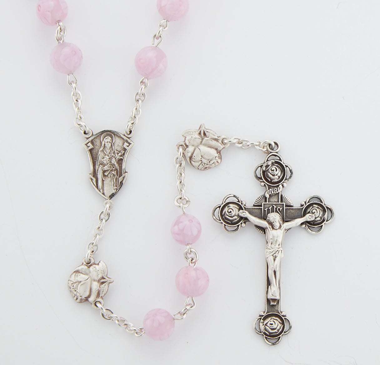 8mm Sterling Pink Venetian Glass Flower Bead W/ St Therese O. F. Bead Rosary Bxd 352/161