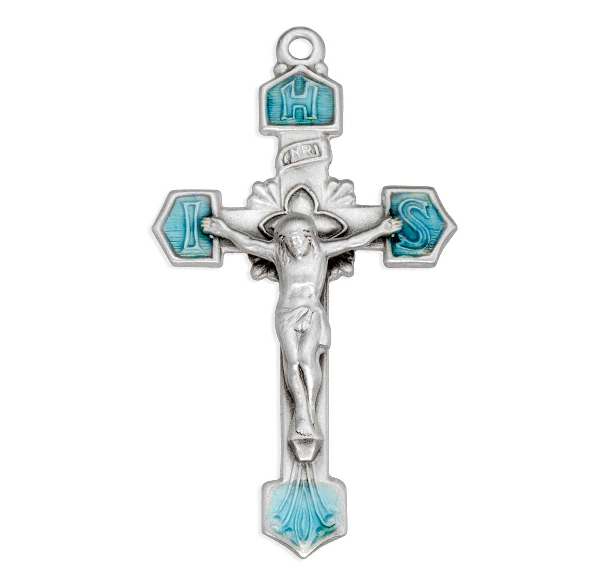 Sterling Silver IHS Crucifix with Blue Epoxy Tips- 24"Ch-Bxd