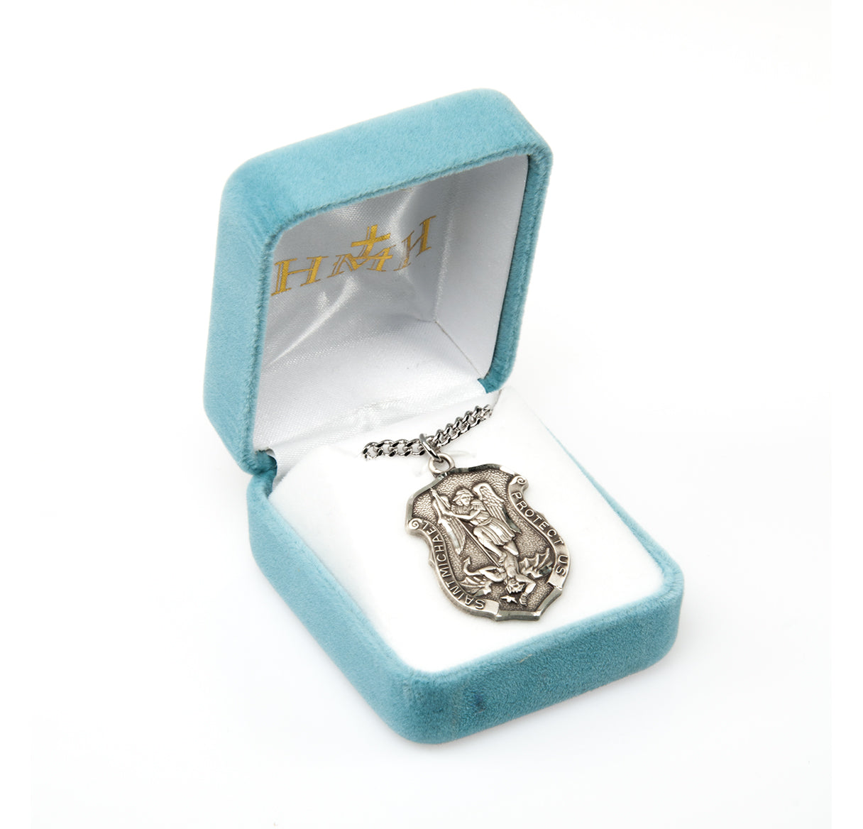 Saint Michael Sterling Silver Badge Medal pendant w/24" Ch-Bxd