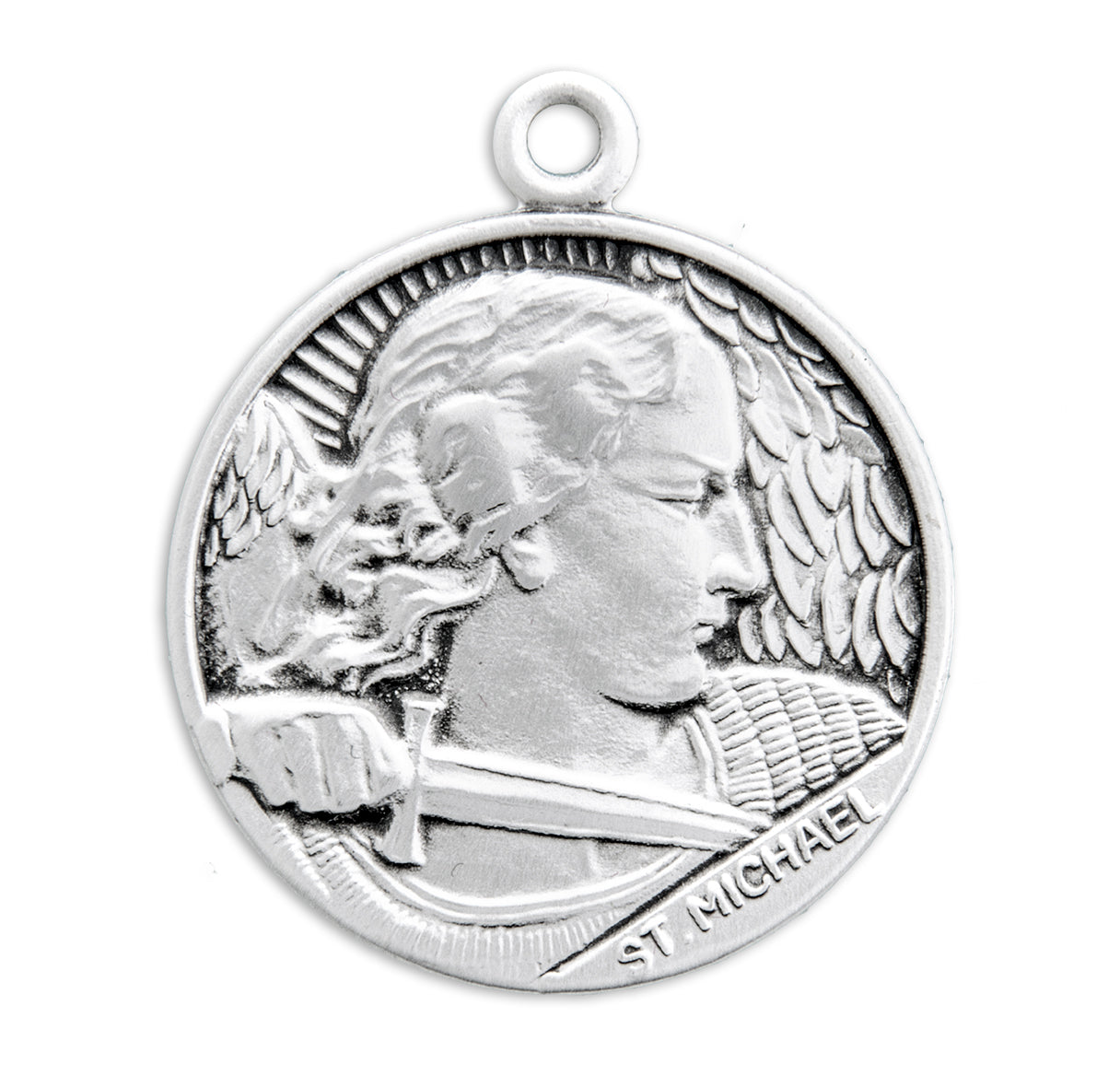 Sterling Silver St Michael Close Up Detailed Round Medal-27" Ch-Bxd