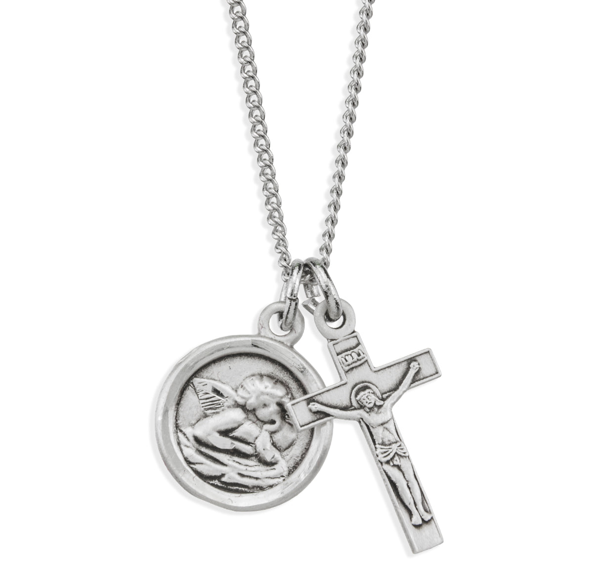 Sterling Silver Cherub Medal W/ Small Crucifix (Set)-18"Ch (Rhodium Plated Thin)-Bxd-(S1640/S1802)