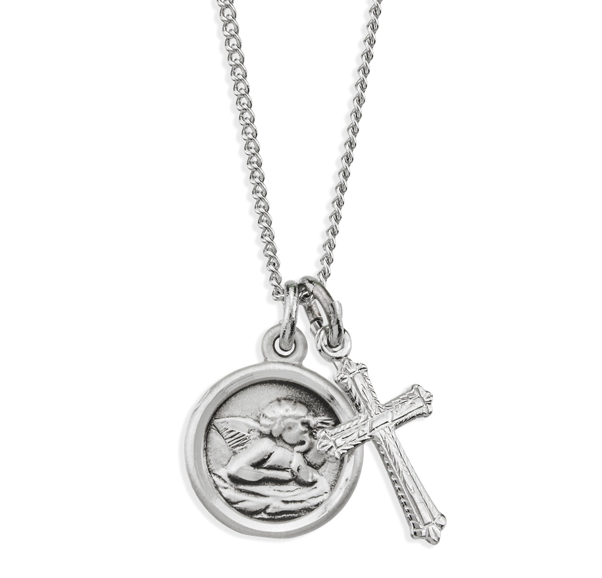 Sterling Silver Cherub Medal W/ Small Cross(Set)-18"Ch (Rhodium Plated Thin)-Bxd-(S1640/S3747)