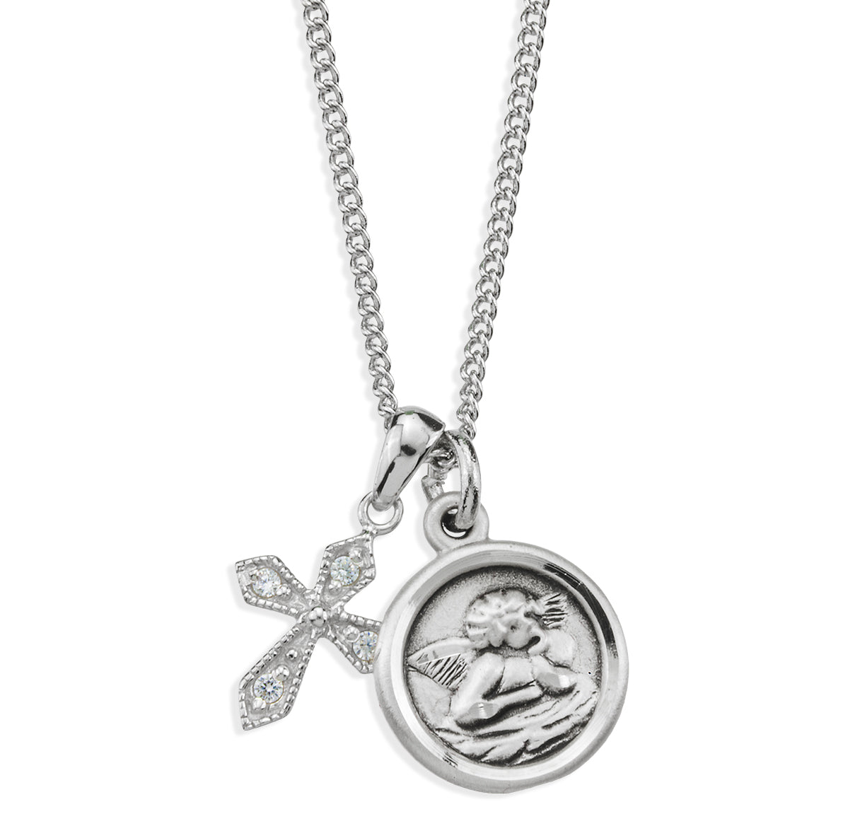 Sterling Silver Cherub Medal W/ Small CZ Cross(Set)-18"Ch (Rhodium Plated Thin)