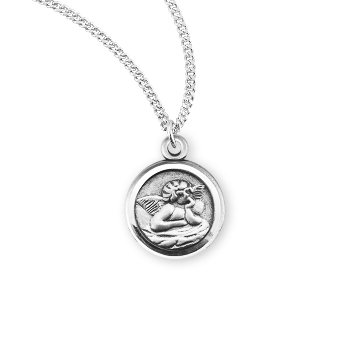 Sterling Silver Davinci Little Guardian Angel Round Medal w/13" Ch-Bxd