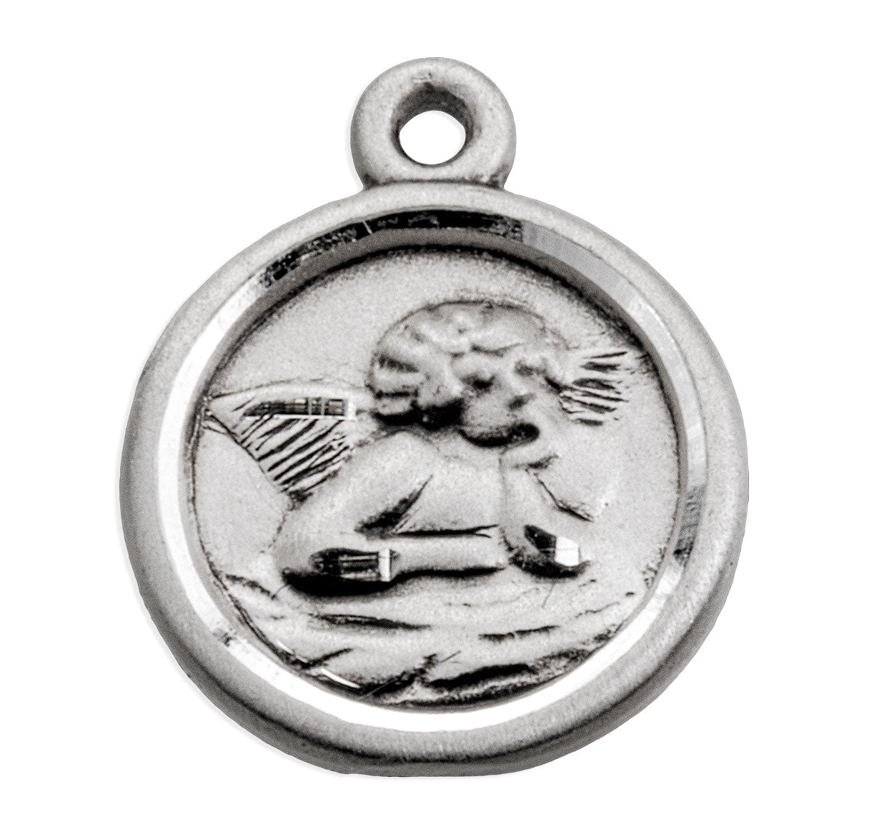 Sterling Silver Davinci Little Guardian Angel Round Medal w/13" Ch-Bxd