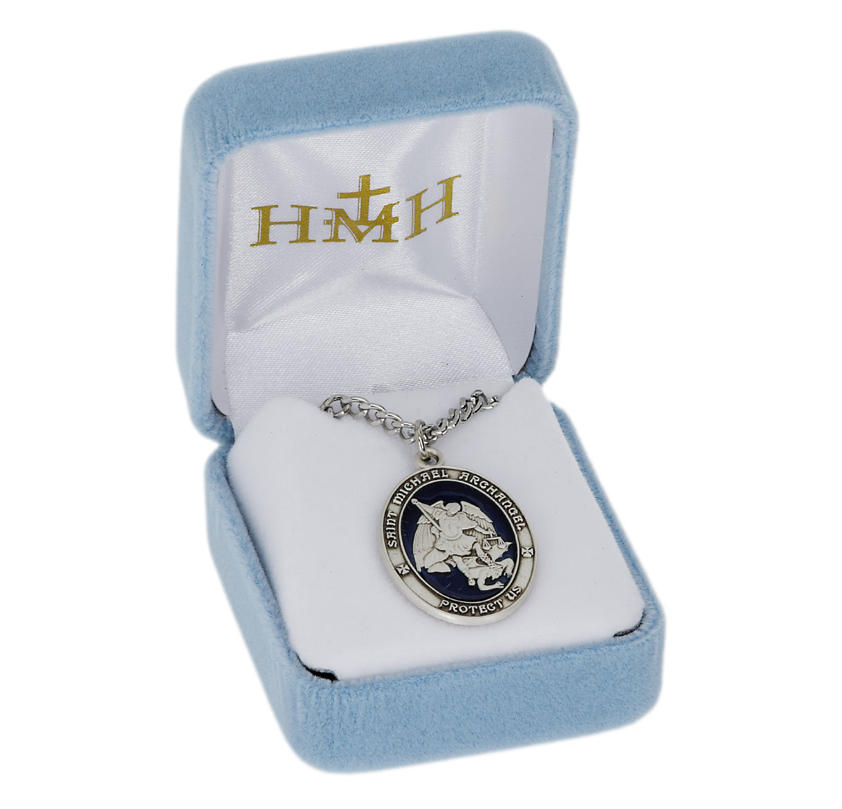 Sterling Silver St. Michael Achangel Oval Medal W/ Blue Epoxy 1-1/8"-24"Ch-Bxd