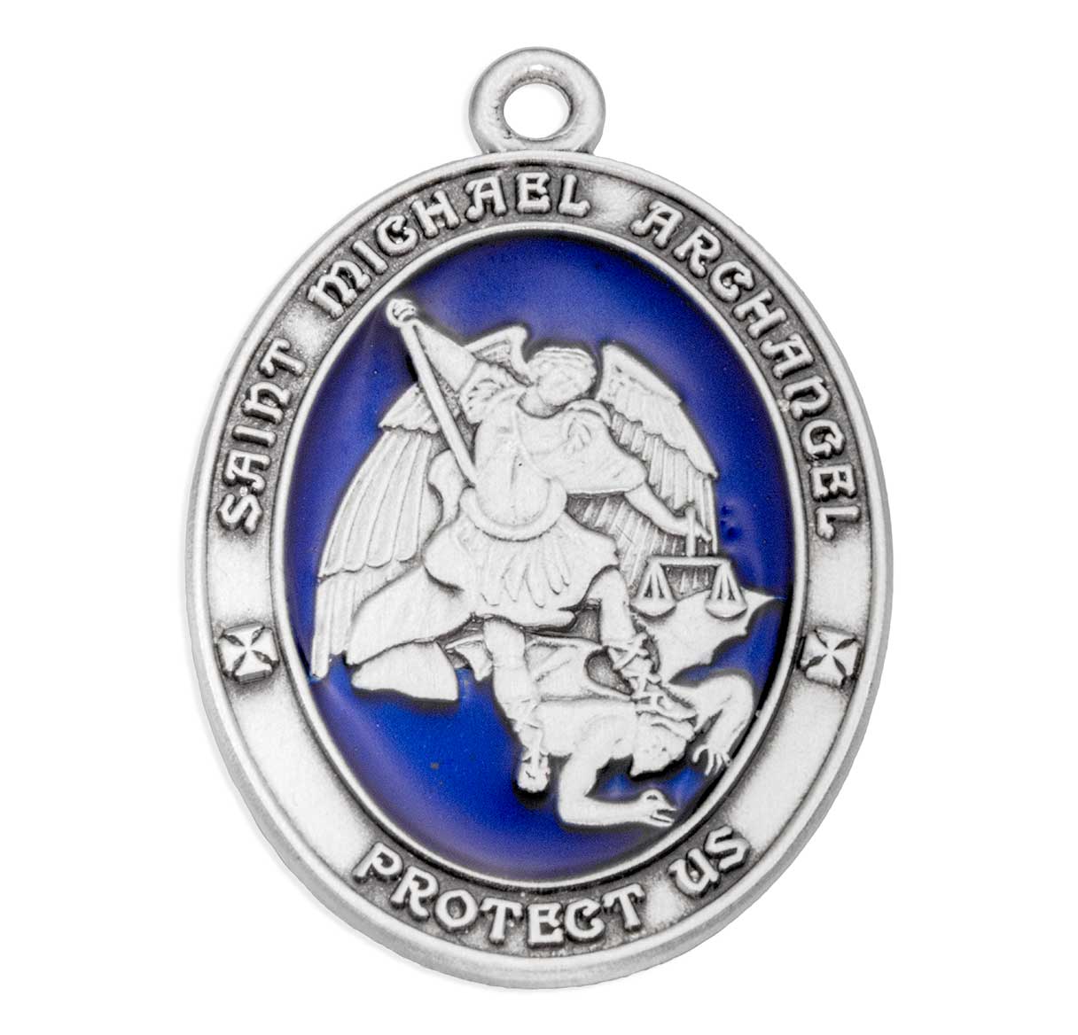 Sterling Silver St. Michael Achangel Oval Medal W/ Blue Epoxy 1-1/8"-24"Ch-Bxd