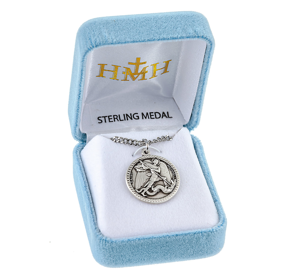 Sterling Silver Round St Michael Archangel Slaying Dragon Medal-20" Ch-Bxd