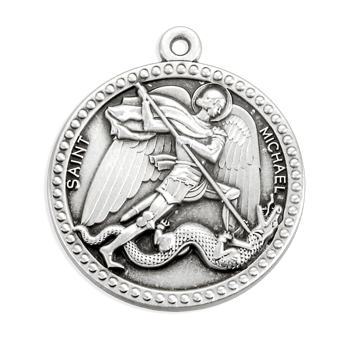 Sterling Silver Round St Michael Archangel Slaying Dragon Medal-20" Ch-Bxd
