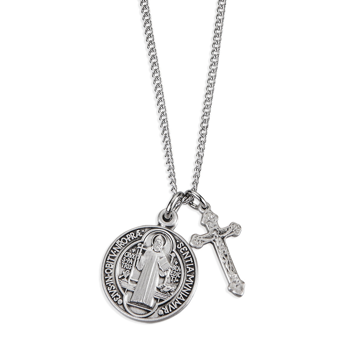 Sterling Silver St Benedict Medal W/ Small Cross(Set)-18"Ch (Rhodium Plated Thin)