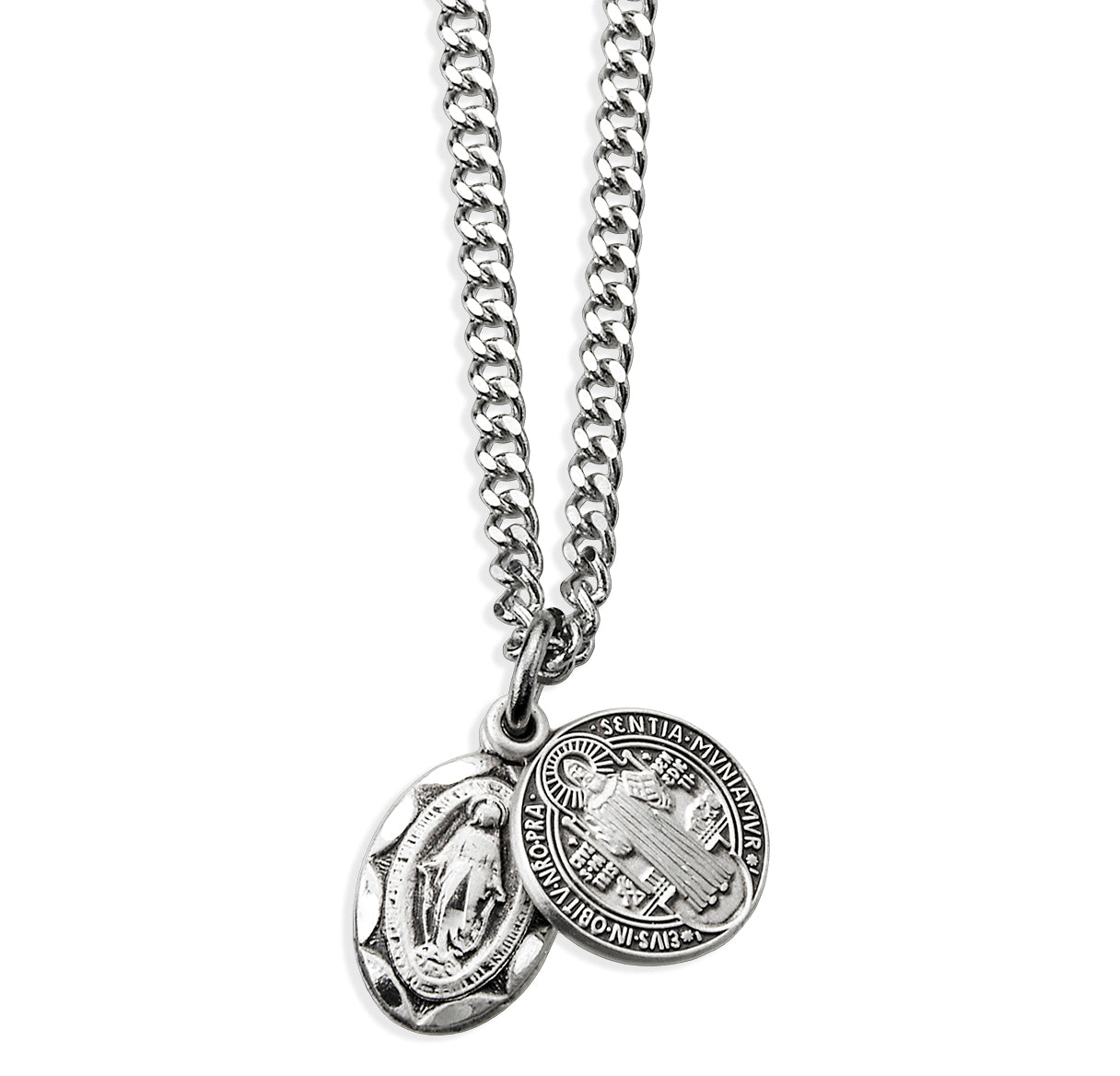 Sterling Silver Miraculous Medal W/ Sterling  St Benedict Medal (Set)-18"Ch (Rhodium Plated Thin)-Bxd-(S2101/S1677)