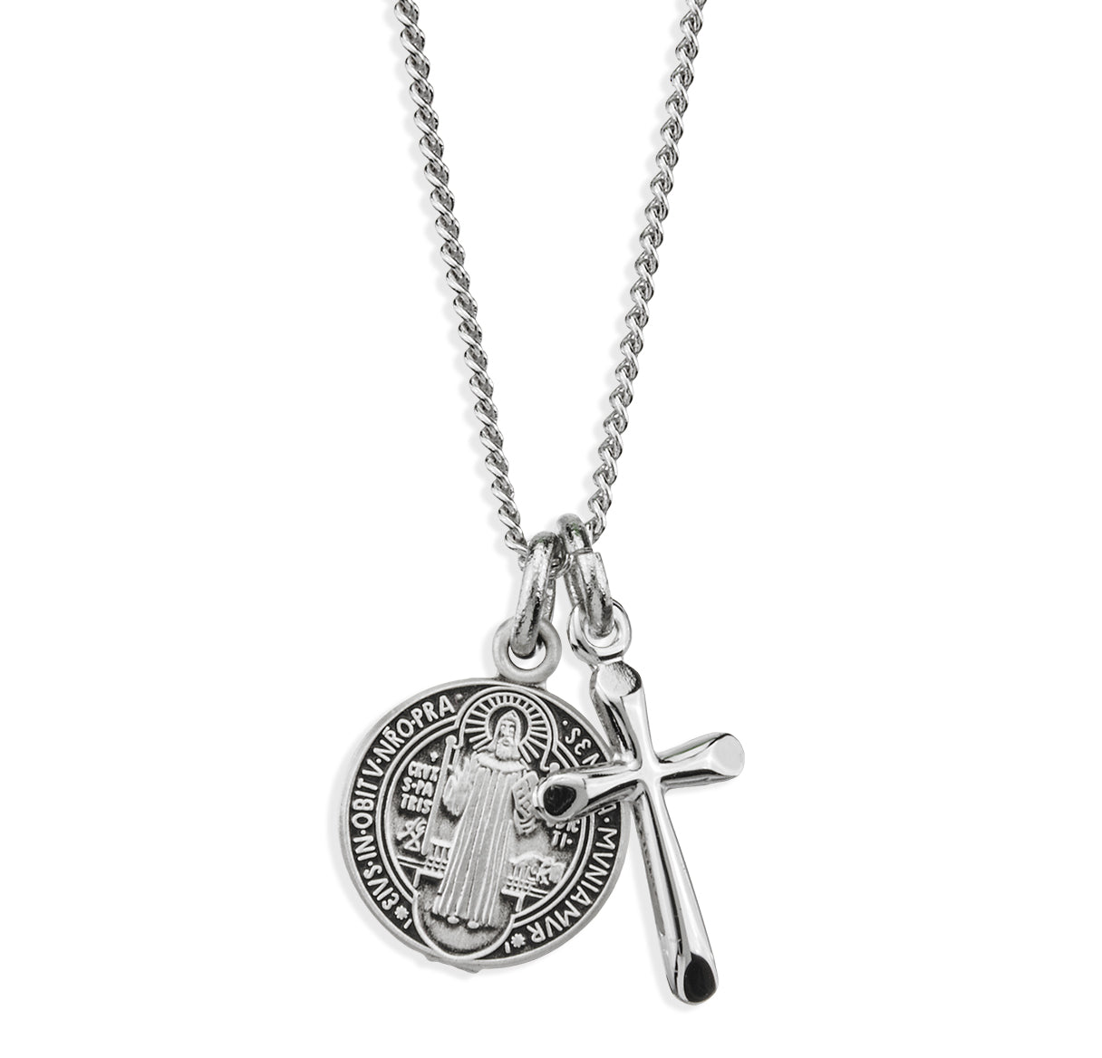 Sterling Silver St Benedict Medal W/ Small Cross(Set)-18"Ch (Rhodium Plated Thin)-Bxd-(S1677/S3727)