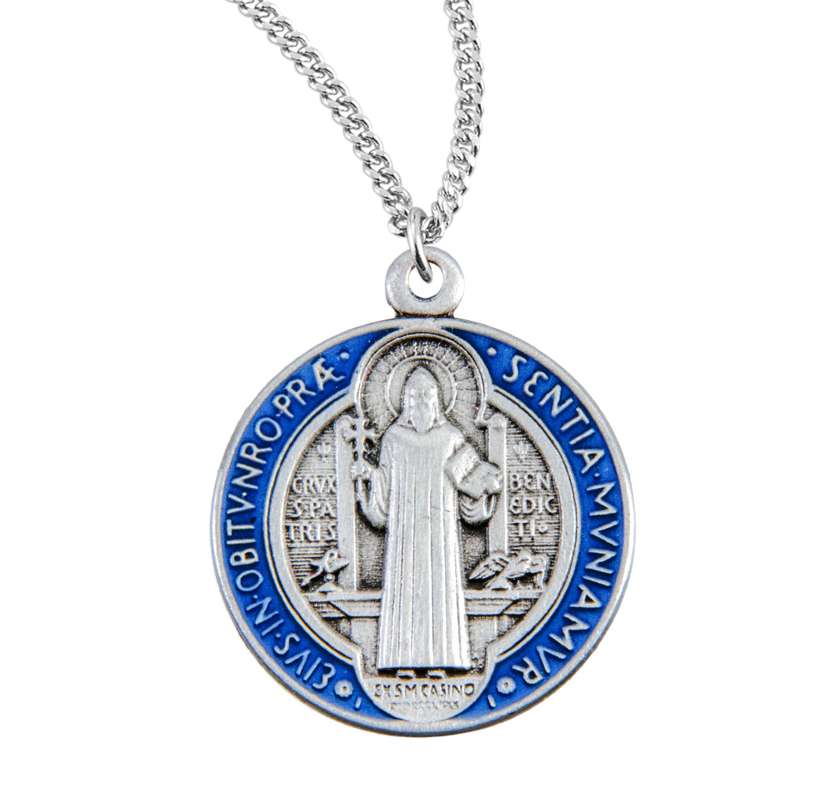 St Benedict Round Blue Epoxy Sterling Silver Medal w/20" Ch-Bxd